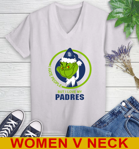 San Diego Padres MLB Christmas Grinch I Hate People But I Love My Favorite Baseball Team Women's V-Neck T-Shirt