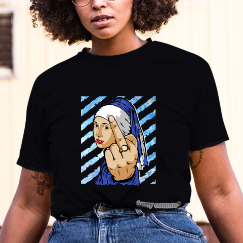 Air Jordan 1 Game Royal Matching Sneaker Tshirt The girl With The Pearl Earing Middle Finger Blue and White Jordan Tshirt