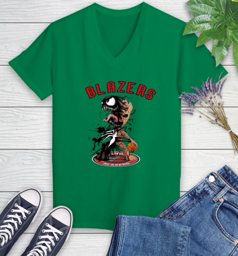 NBA Portland Trail Blazers Basketball Venom Groot Guardians Of The Galaxy Women's V-Neck T-Shirt 5
