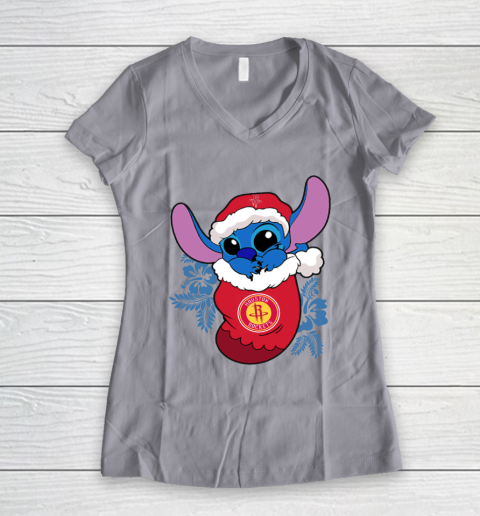 Houston Rockets Christmas Stitch In The Sock Funny Disney NBA Women's V-Neck T-Shirt 4