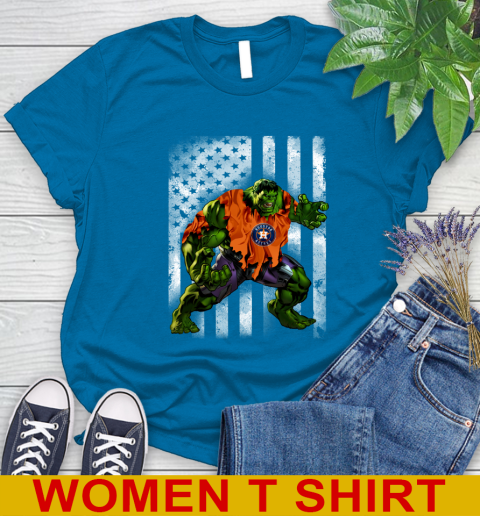 Houston Astros Hulk Marvel Avengers MLB Baseball American Flag Women's T-Shirt 8