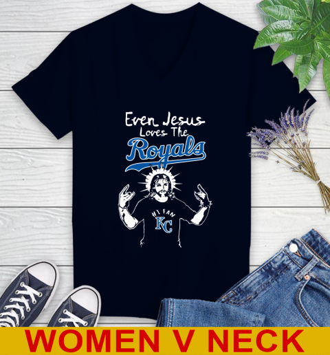 Kansas City Royals MLB Baseball Even Jesus Loves The Royals Shirt Women's V-Neck T-Shirt 2