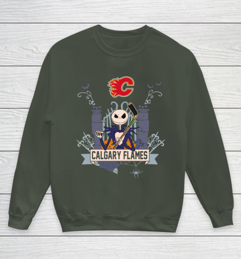 NHL Calgary Flames Hockey Jack Skellington Halloween Youth Sweatshirt 8