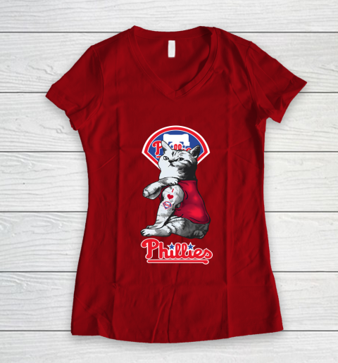 MLB Baseball My Cat Loves Philadelphia Phillies Women's V-Neck T-Shirt 8