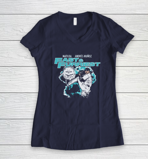 Matilda & Andres Muñoz Fast & Furriest Mariners Women's V-Neck T-Shirt 7