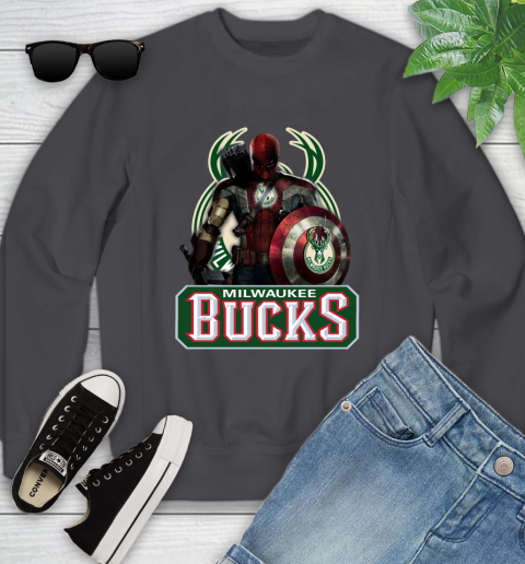 Milwaukee Bucks NBA Basketball Captain America Thor Spider Man Hawkeye Avengers Youth Sweatshirt 6