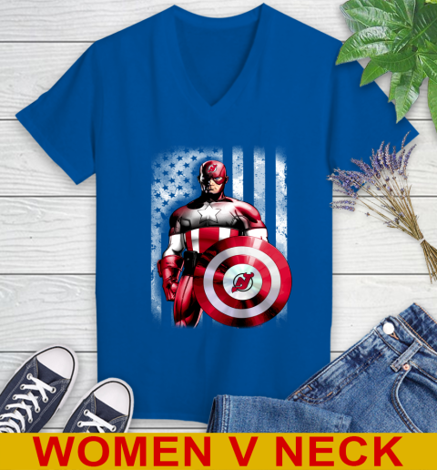 New Jersey Devils NHL Hockey Captain America Marvel Avengers American Flag Shirt Women's V-Neck T-Shirt - Image 10