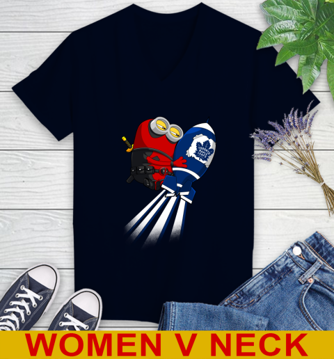 NHL Hockey Toronto Maple Leafs Deadpool Minion Marvel Shirt Women's V-Neck T-Shirt 2