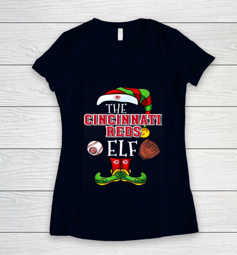 Cincinnati Reds Christmas ELF Funny MLB Women's V-Neck T-Shirt 2