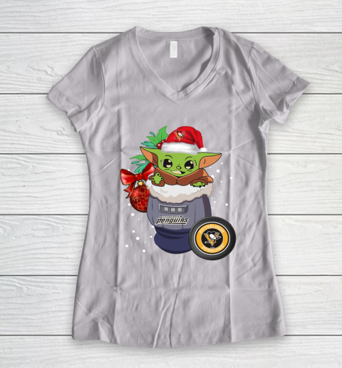Pittsburgh Penguins Christmas Baby Yoda Star Wars Funny Happy NHL Women's V-Neck T-Shirt 2