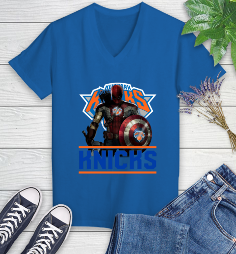 New York Knicks NBA Basketball Captain America Thor Spider Man Hawkeye Avengers Women's V-Neck T-Shirt 10