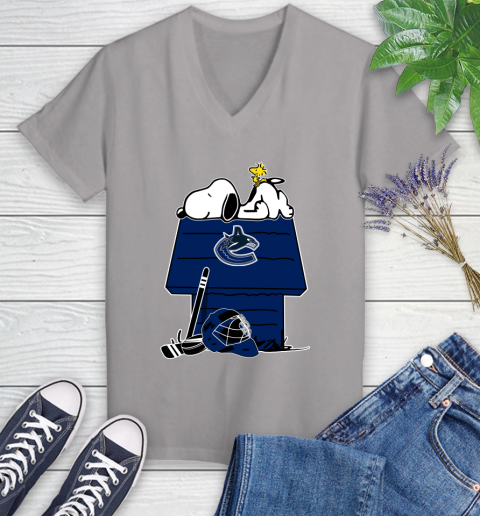 Vancouver Canucks NHL Hockey Snoopy Woodstock The Peanuts Movie Women's V-Neck T-Shirt 4
