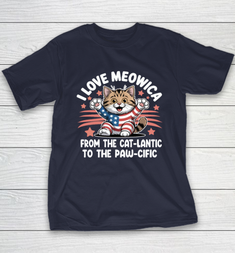 Patriotic Cat I Love Meowica USA Flag 4th of July Funny Cat Lover Youth T-Shirt 2