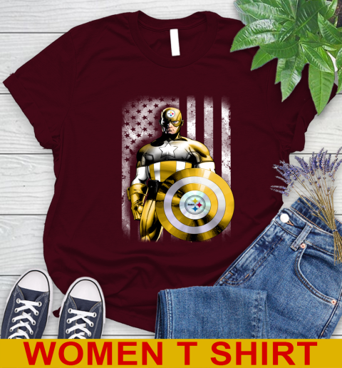 Pittsburgh Steelers NFL Football Captain America Marvel Avengers American Flag Shirt Women's T-Shirt 6