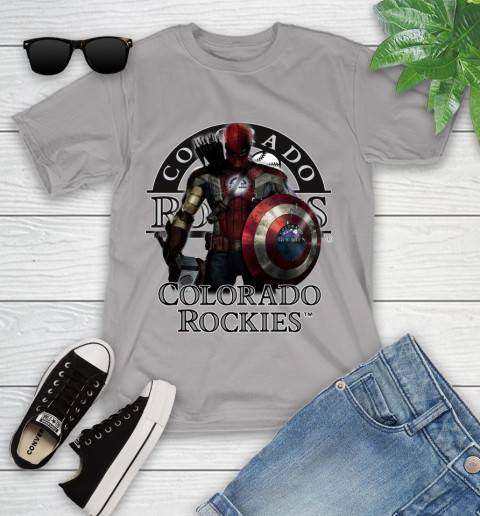 MLB Captain America Thor Spider Man Hawkeye Avengers Endgame Baseball Colorado Rockies Youth T-Shirt 4