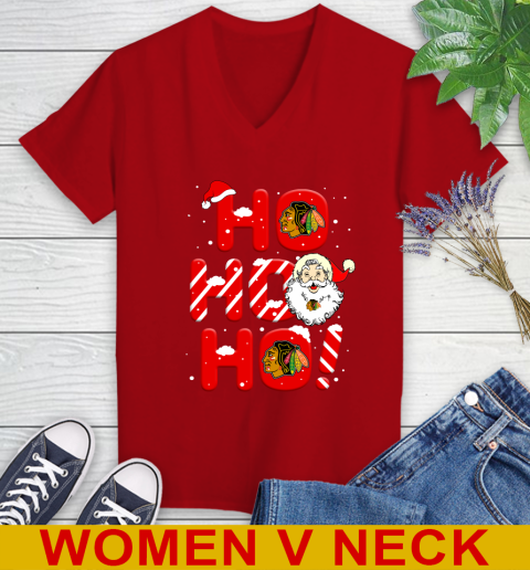 Chicago Blackhawks NHL Hockey Ho Ho Ho Santa Claus Merry Christmas Shirt Women's V-Neck T-Shirt 10