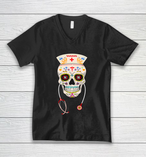 Nurse Sugar Skull Shirt Halloween Day Of The Dead Dia De Los V-Neck T-Shirt
