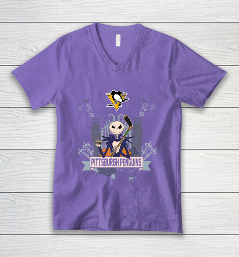 NHL Pittsburgh Penguins Hockey Jack Skellington Halloween V-Neck T-Shirt 8