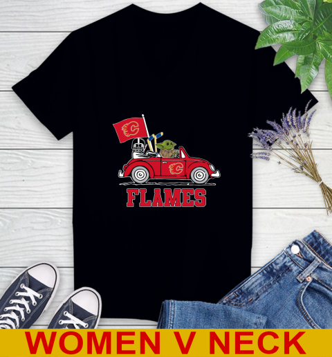 NHL Hockey Calgary Flames Darth Vader Baby Yoda Driving Star Wars Shirt Women's V-Neck T-Shirt 2