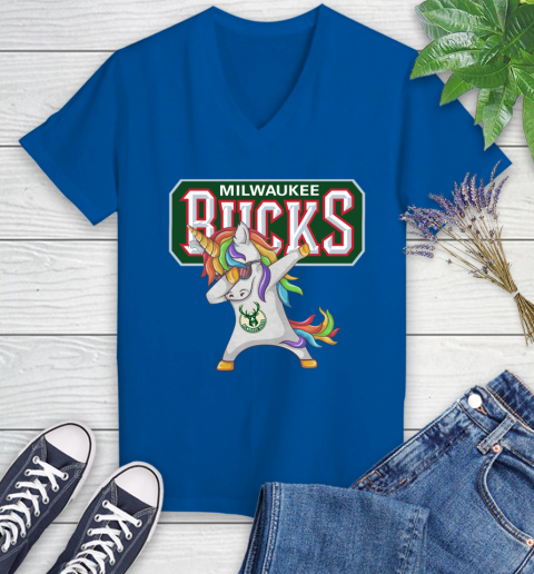 Milwaukee Bucks NBA Basketball Funny Unicorn Dabbing Sports Women's V-Neck T-Shirt 10