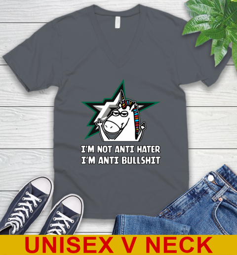 Dallas Stars NHL Hockey Unicorn I'm Not Anti Hater I'm Anti Bullshit V-Neck T-Shirt 5
