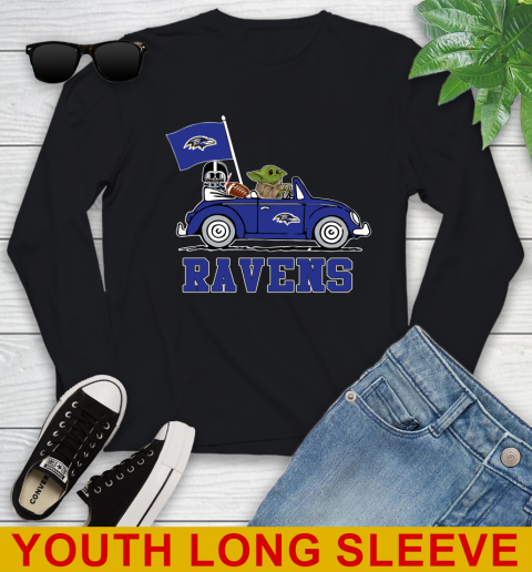 NFL Football Baltimore Ravens Darth Vader Baby Yoda Driving Star Wars Shirt Youth Long Sleeve 2