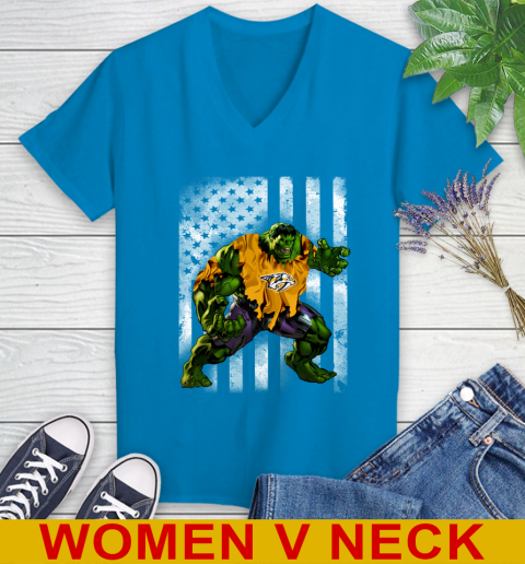 Nashville Predators Hulk Marvel Avengers NHL Hockey American Flag Women's V-Neck T-Shirt 7