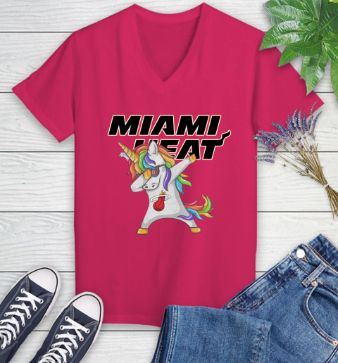 Miami Heat NBA Basketball Funny Unicorn Dabbing Sports Women's V-Neck T-Shirt 9