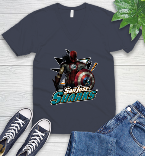 NHL Captain America Thor Spider Man Hawkeye Avengers Endgame Hockey San Jose Sharks V-Neck T-Shirt 9