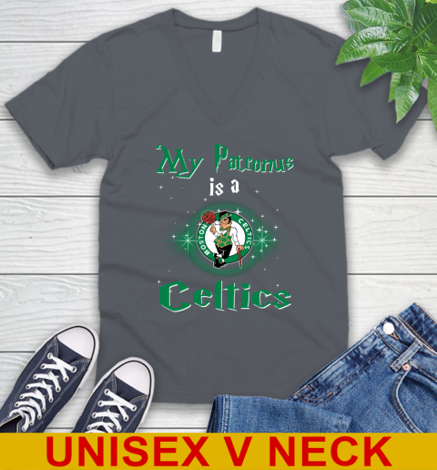 NBA Basketball Harry Potter My Patronus Is A Boston Celtics V-Neck T-Shirt 4