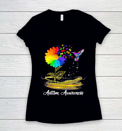 Autism Awareness Month Tshirt Hummingbird Sunflower Women's V-Neck T-Shirt