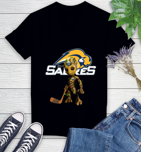 Buffalo Sabres NHL Hockey Groot Marvel Guardians Of The Galaxy Women's V-Neck T-Shirt 2