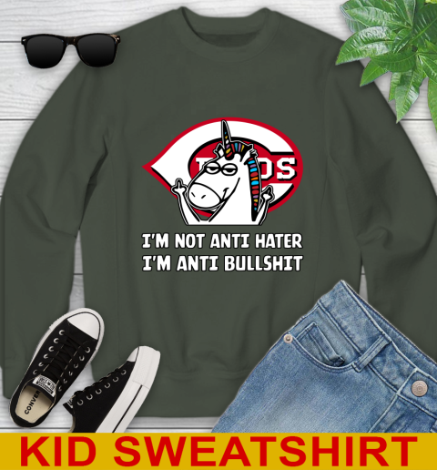Cincinnati Reds MLB Baseball Unicorn I'm Not Anti Hater I'm Anti Bullshit Youth Sweatshirt 9