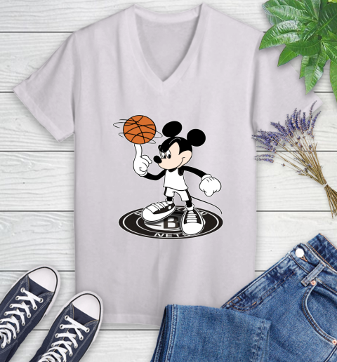 NBA Basketball Brooklyn Nets Cheerful Mickey Disney Shirt Women's V-Neck T-Shirt 2