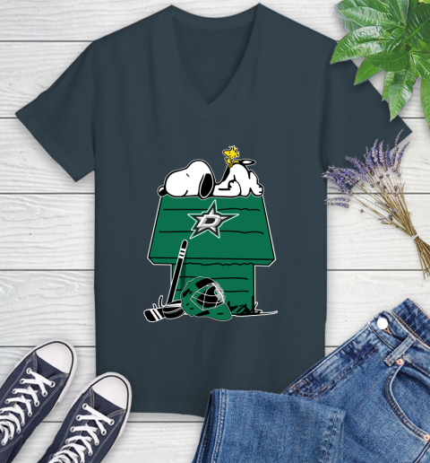 Dallas Stars NHL Hockey Snoopy Woodstock The Peanuts Movie Women's V-Neck T-Shirt 8
