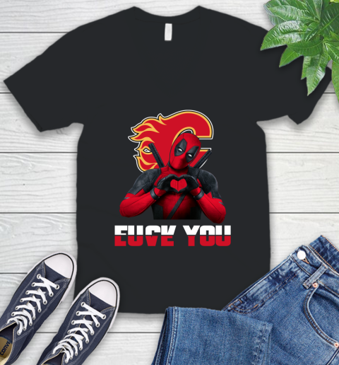 NHL Calgary Flames Deadpool Love You Fuck You Hockey Sports V-Neck T-Shirt