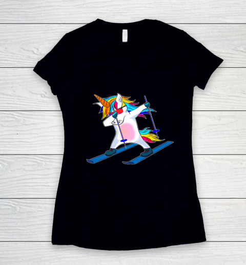 Skiing Unicorn Dabbing Funny Gift Women's V-Neck T-Shirt