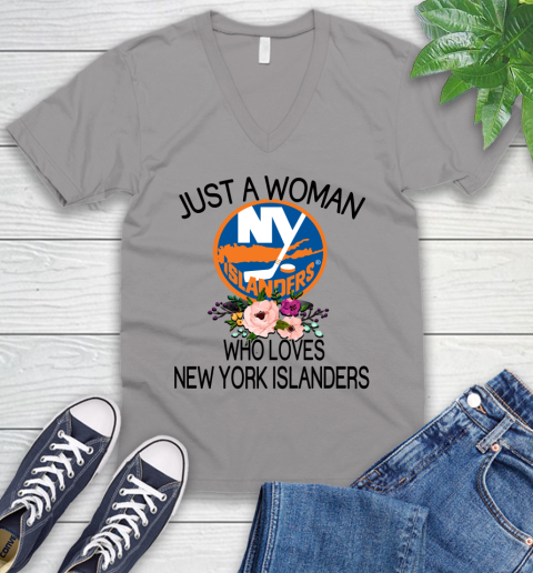 NHL Just A Woman Who Loves New York Islanders Hockey Sports V-Neck T-Shirt 2