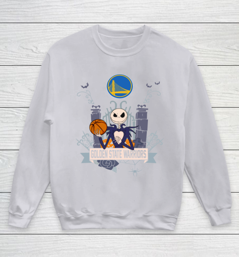 NBA Golden State Warriors Basketball Jack Skellington Halloween Youth Sweatshirt 3