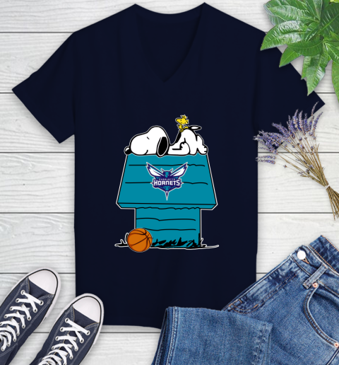 Charlotte Hornets NBA Basketball Snoopy Woodstock The Peanuts Movie Women's V-Neck T-Shirt 3