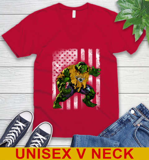 Jacksonville Jaguars Hulk Marvel Avengers NFL Football American Flag V-Neck T-Shirt 6
