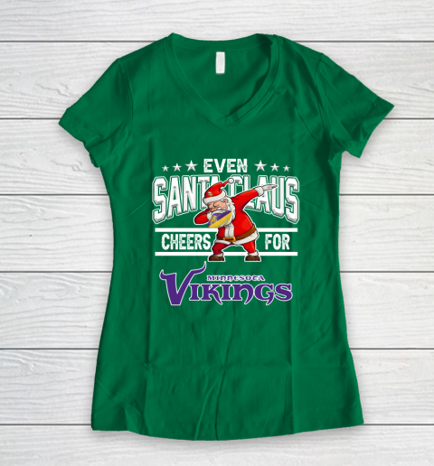 Minnesota Vikings Even Santa Claus Cheers For Christmas NFL Women's V-Neck T-Shirt 3