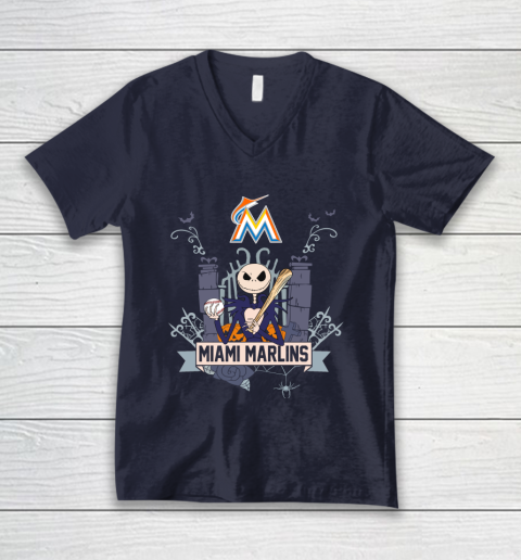 MLB Miami Marlins Baseball Jack Skellington Halloween V-Neck T-Shirt 2
