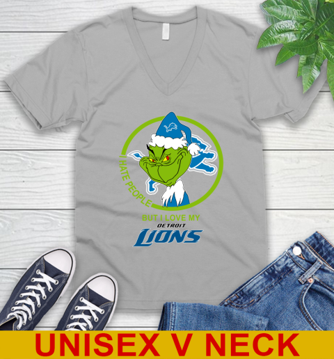 Detroit Lions NFL Christmas Grinch I Hate People But I Love My Favorite Football Team V-Neck T-Shirt 4