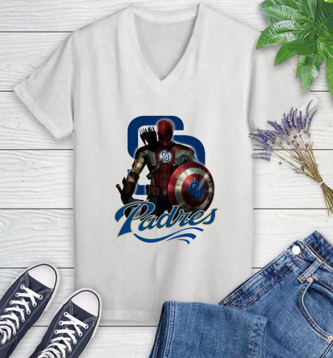 MLB Captain America Thor Spider Man Hawkeye Avengers Endgame Baseball San Diego Padres Women's V-Neck T-Shirt