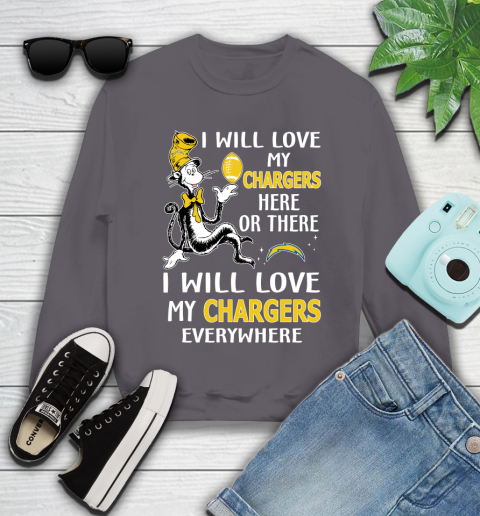 NFL Football Los Angeles Chargers I Will Love My Chargers Everywhere Dr Seuss Shirt Youth Sweatshirt 4