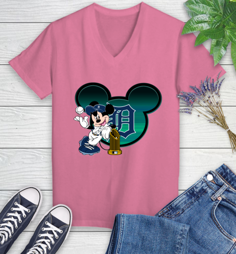 MLB Detroit Tigers The Commissioner's Trophy Mickey Mouse Disney Women's V-Neck T-Shirt 13