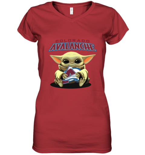 Baby Yoda Hugs The Colorado Avalanche Ice Hockey Women's V-Neck T-Shirt