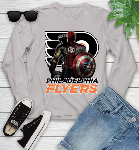 NHL Captain America Thor Spider Man Hawkeye Avengers Endgame Hockey Philadelphia Flyers Youth Long Sleeve 12
