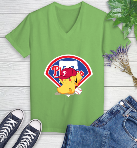 MLB Pikachu Baseball Sports Philadelphia Phillies Women's V-Neck T-Shirt 11